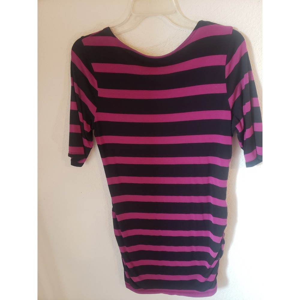 A Pea in the Pod Maternity Top Medium Magenta Black Striped Ruched Elbow Sleeve - Picture 5 of 5